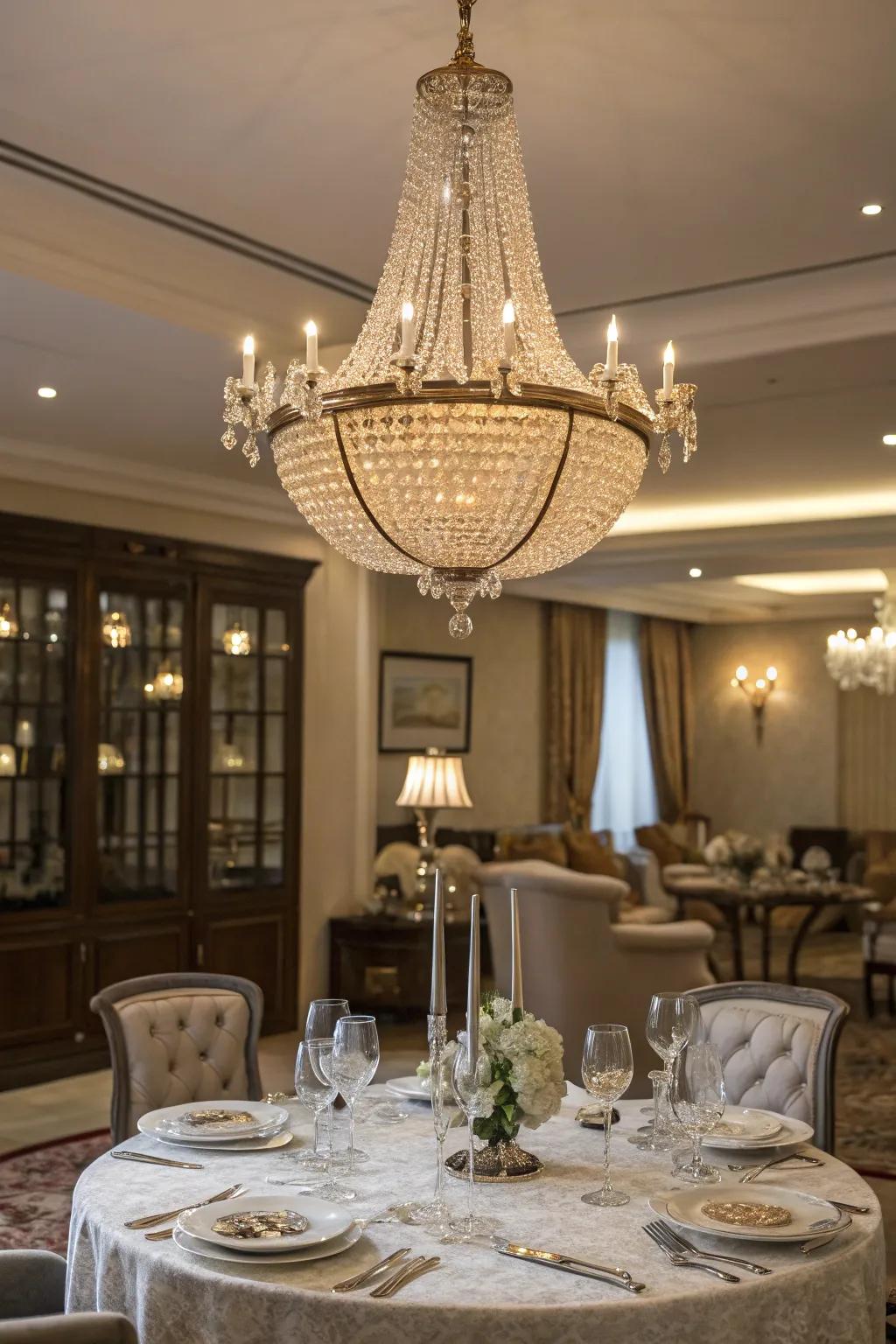 A luxurious overhead light elevates the dining room's elegance.