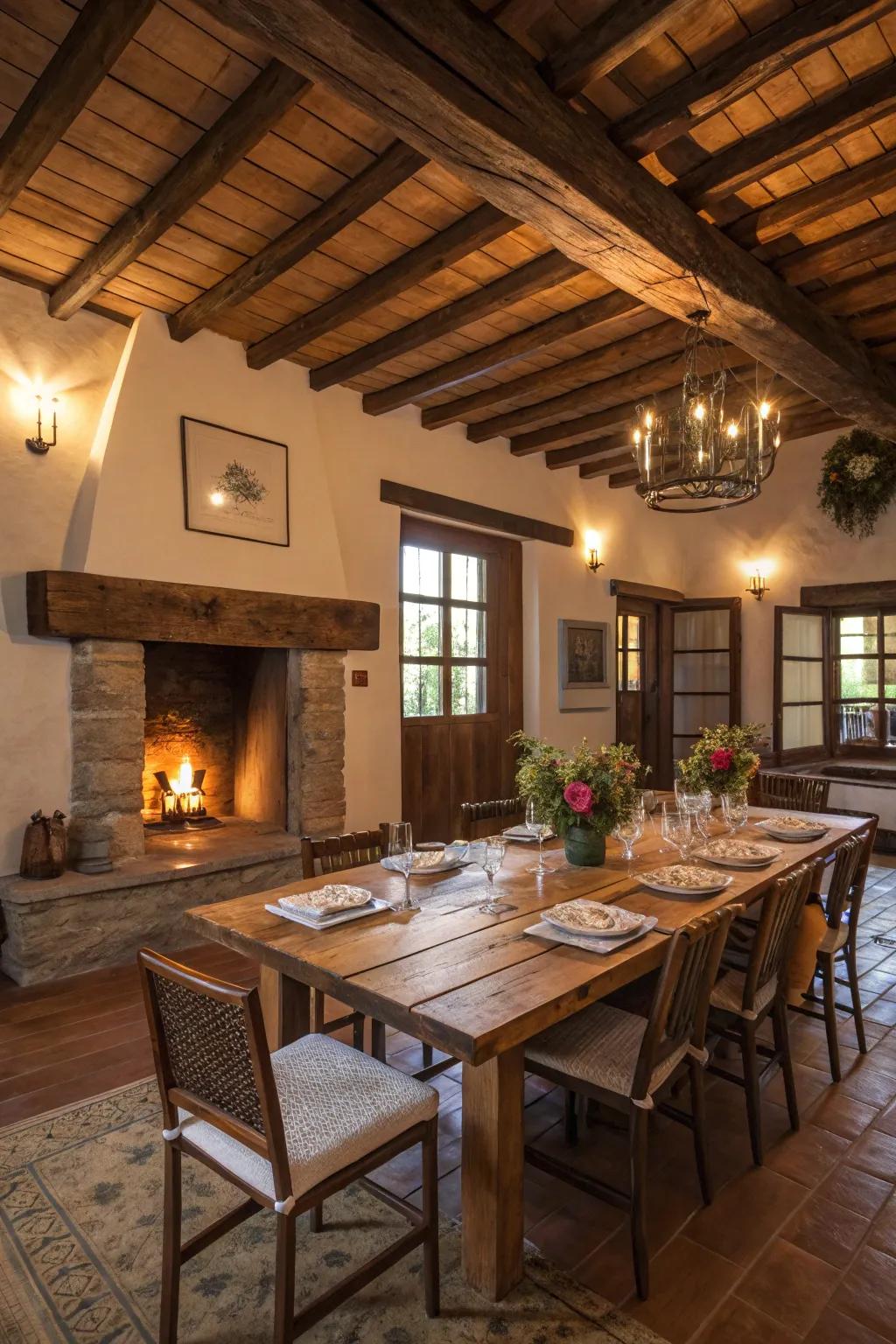 Rustic charm emanates from the wooden table and unique chairs, crafting an inviting ambiance.