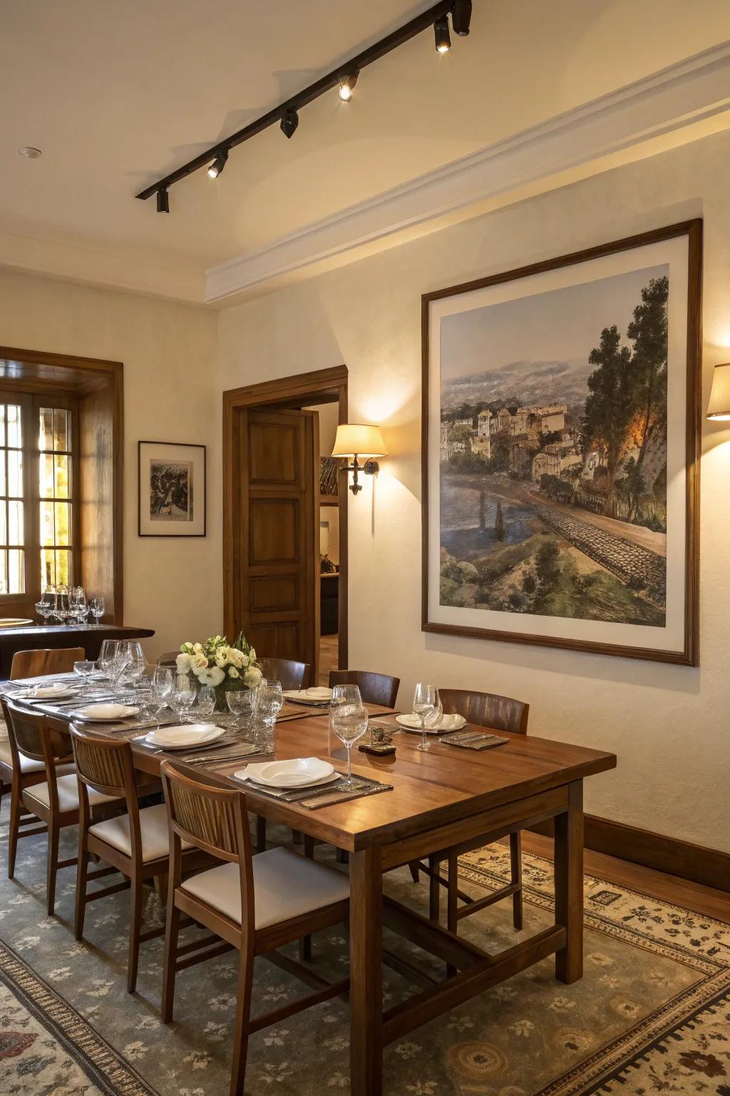 A big framed art print makes this dining room feel more personal.