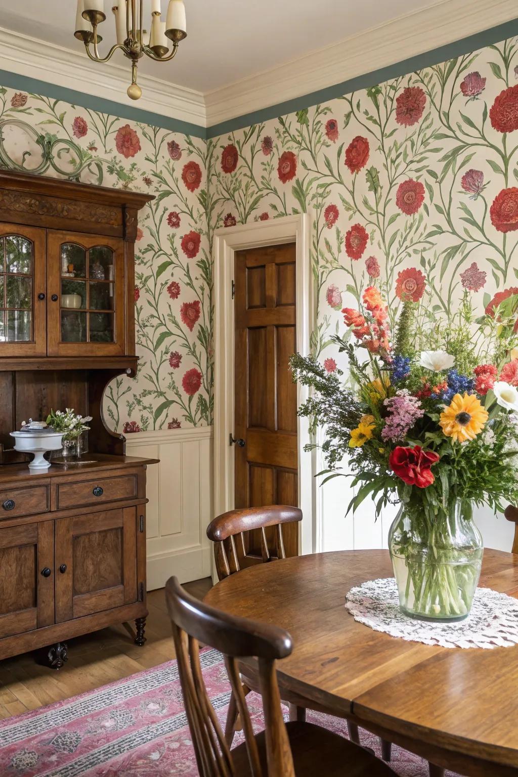 Floral artistry merges seamlessly with classic decor, crafting a timeless dining narrative.