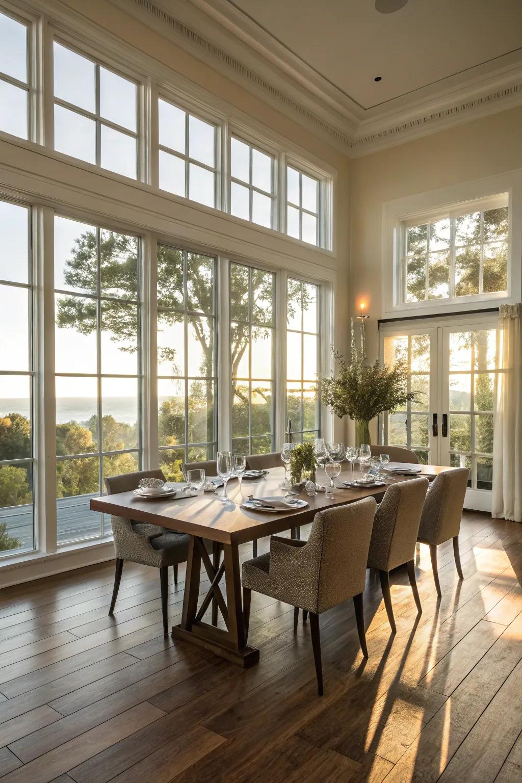 Wide windows beckon natural light, brightening your dining area.