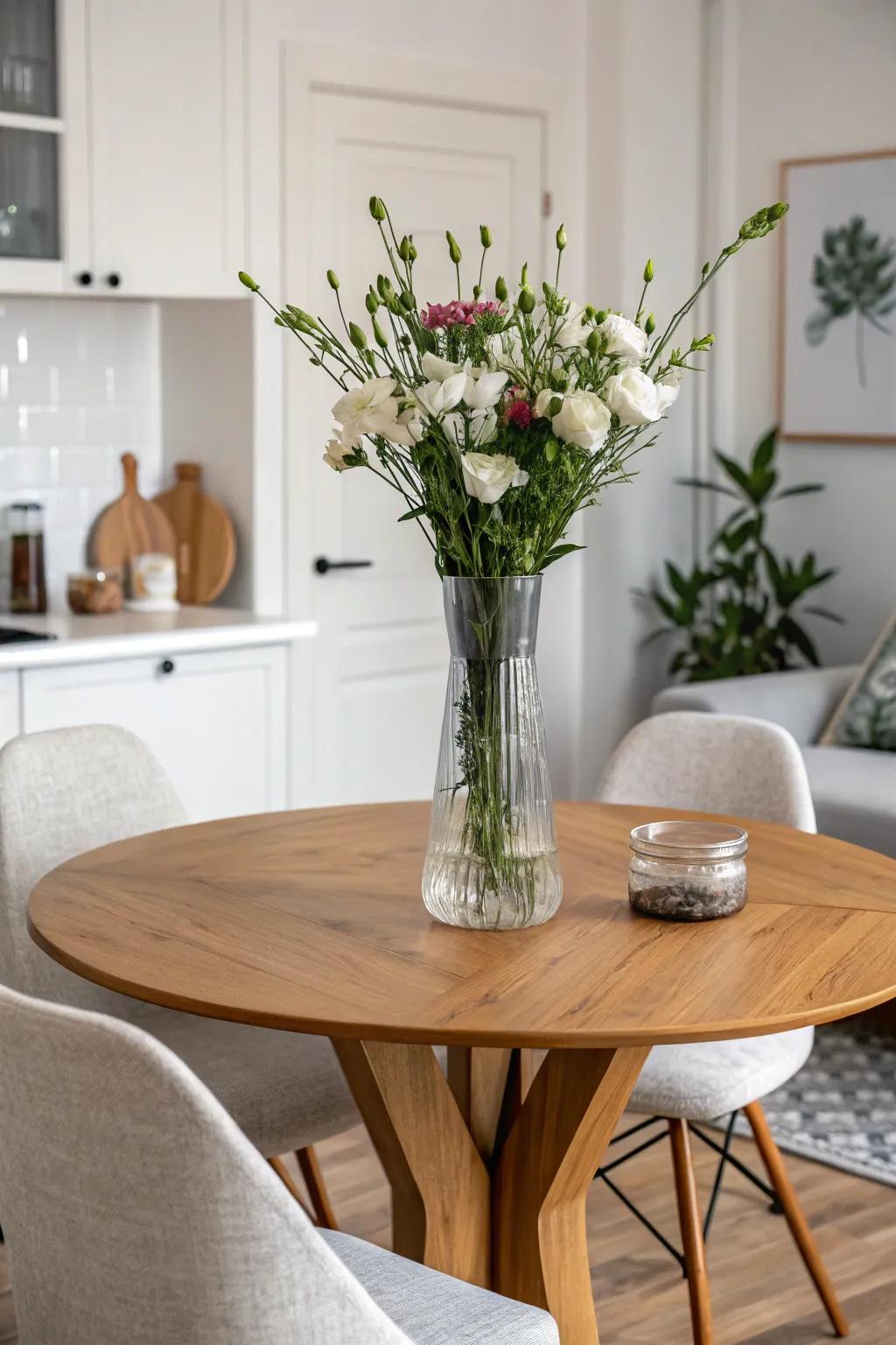 Uncomplicated yet captivating, a single vase centerpiece brings elegance to any dining table.