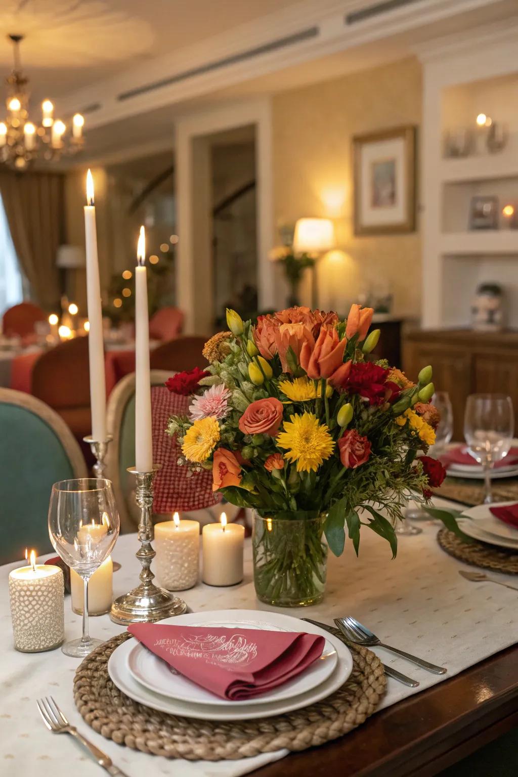 A dining table featuring a centerpiece of vibrant flowers and soft candles.