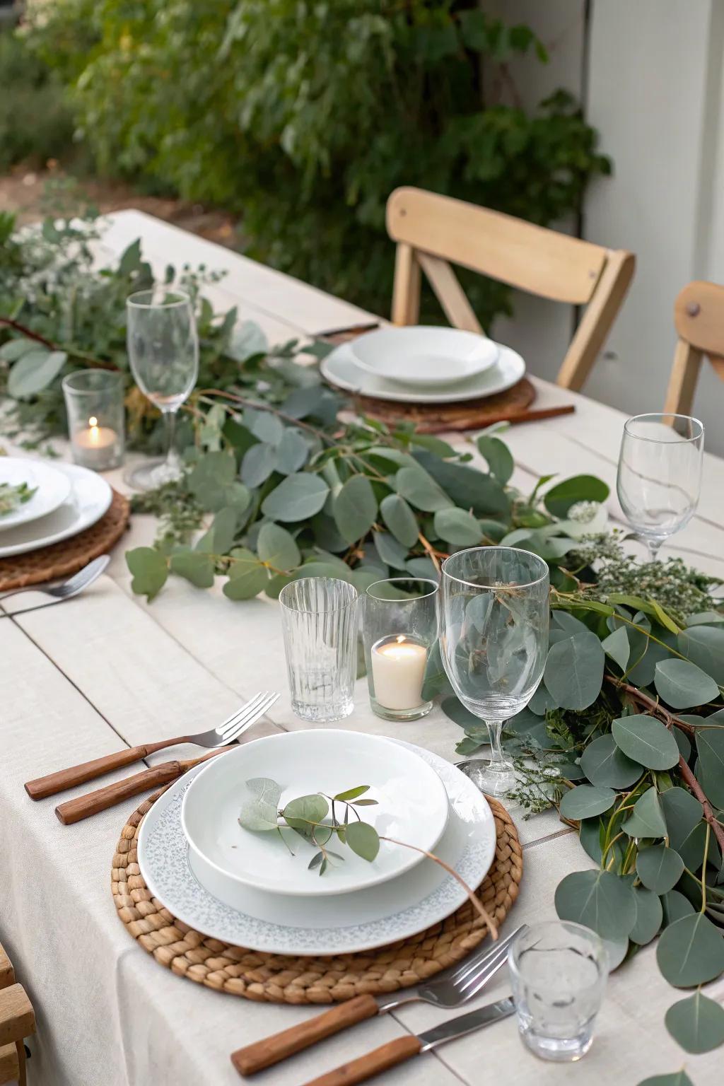 A beautifully adorned supper table showcasing elements from nature such as gum tree branches.