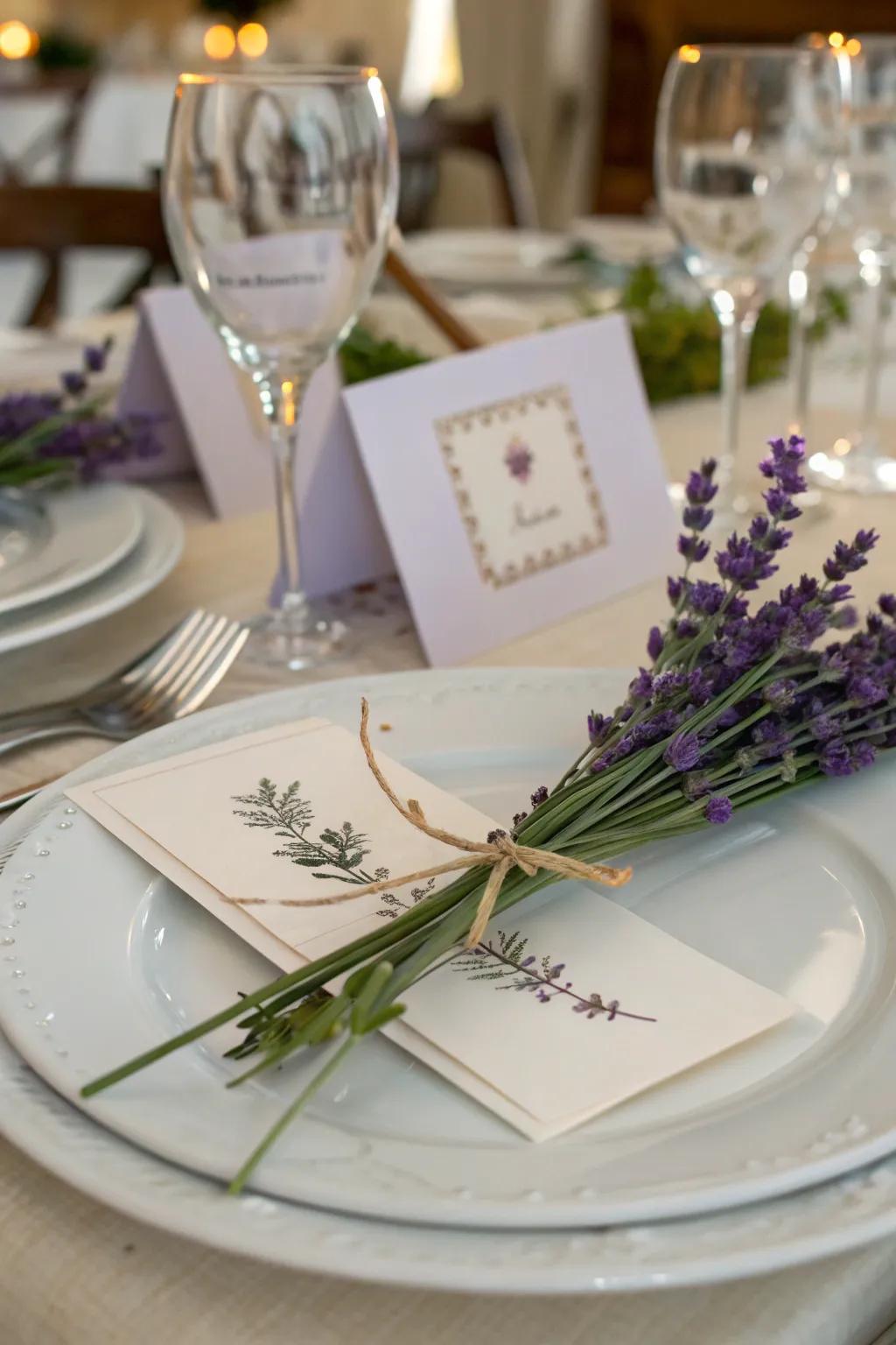 Elevate your setting with place cards graced by lavender's elegance.