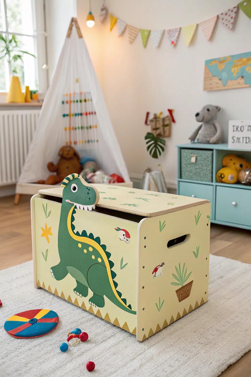 A fun dinosaur-shaped toy chest ideal for stowing toys.
