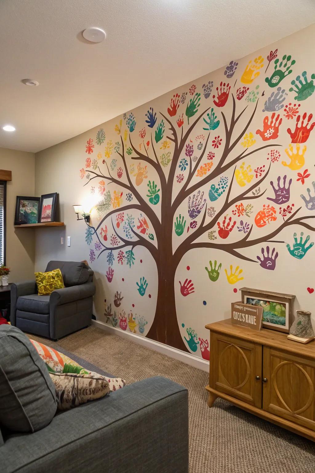 A handprint foliage mural symbolizing unity and growth.
