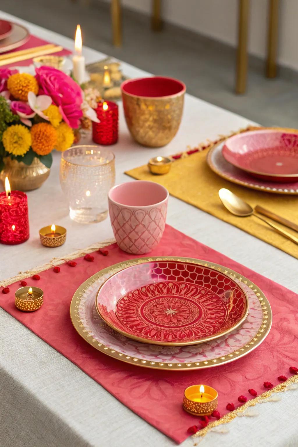 A Diwali dinner arrangement displaying a vivid array of crimson, gold, and rose hues.