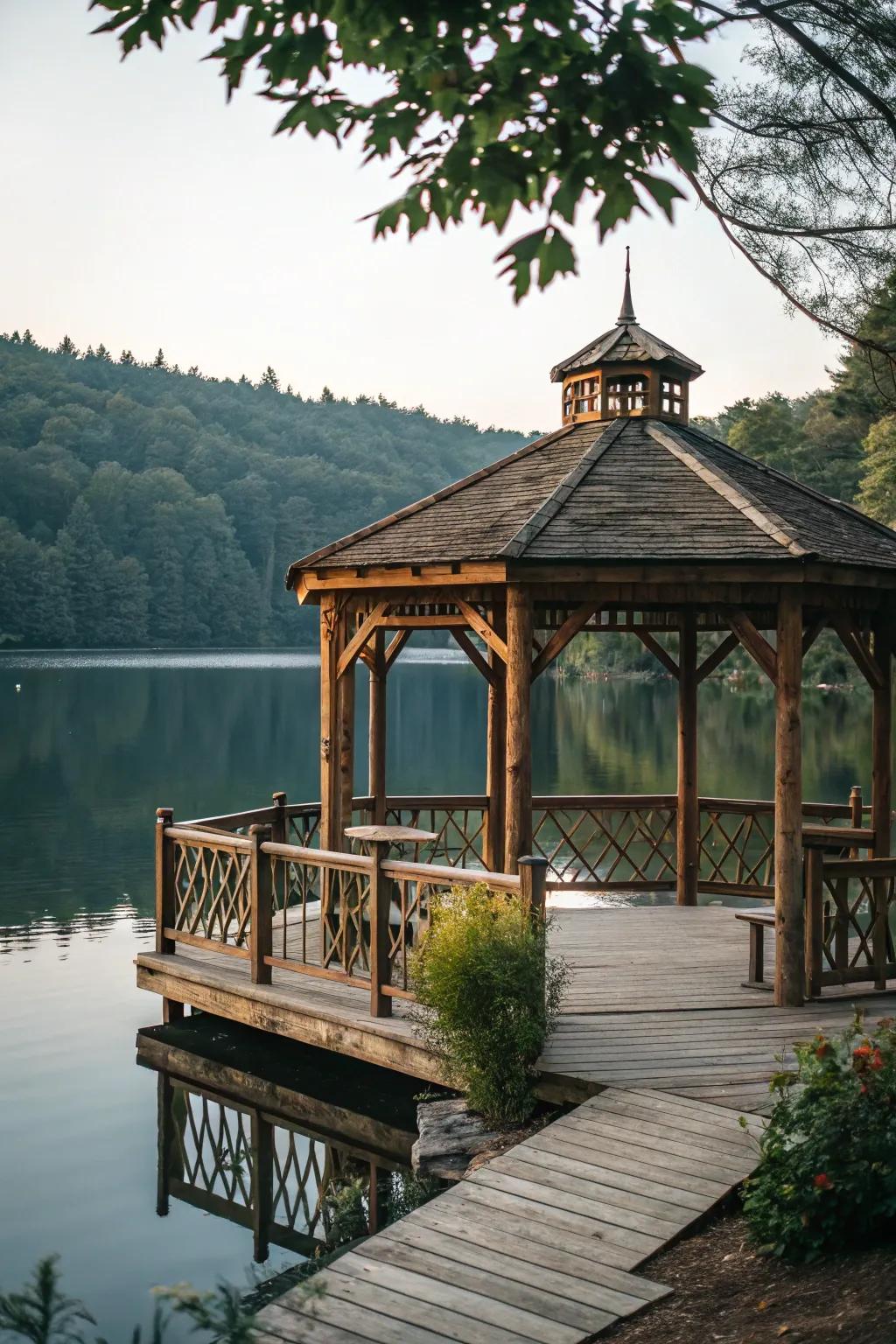 A classic wooden gazebo provides a rustic escape on the lake.