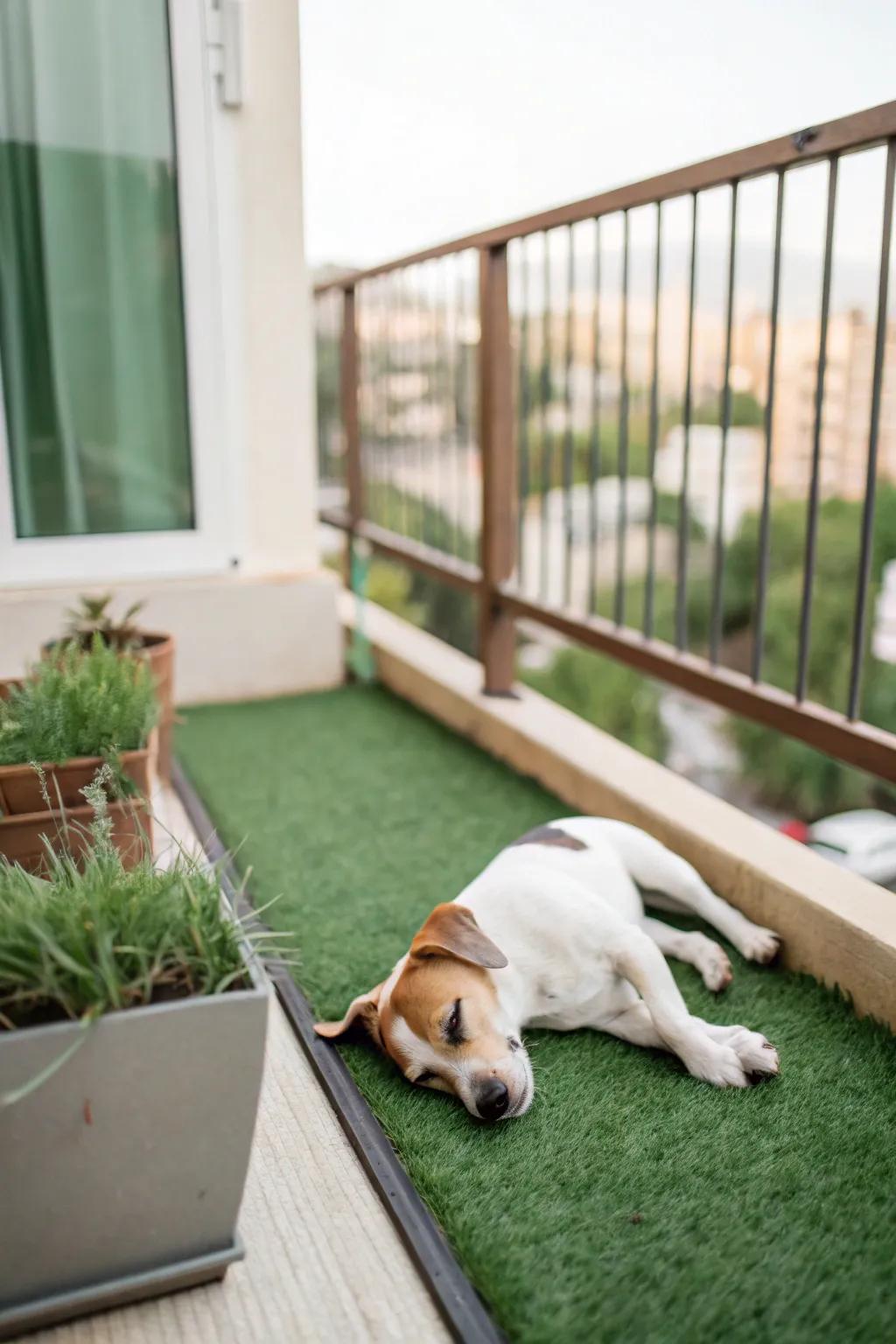 A comfortable artificial grass area allows dogs to enjoy a bit of nature on the balcony.