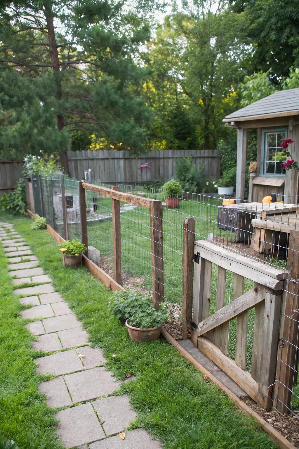 A rustic timber and wire fence provides a secure and visible boundary for your pet.