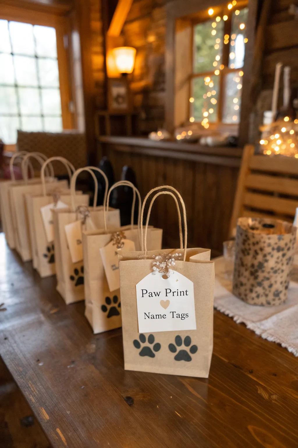 Lovingly personalized treat bags featuring paw prints and name tags.