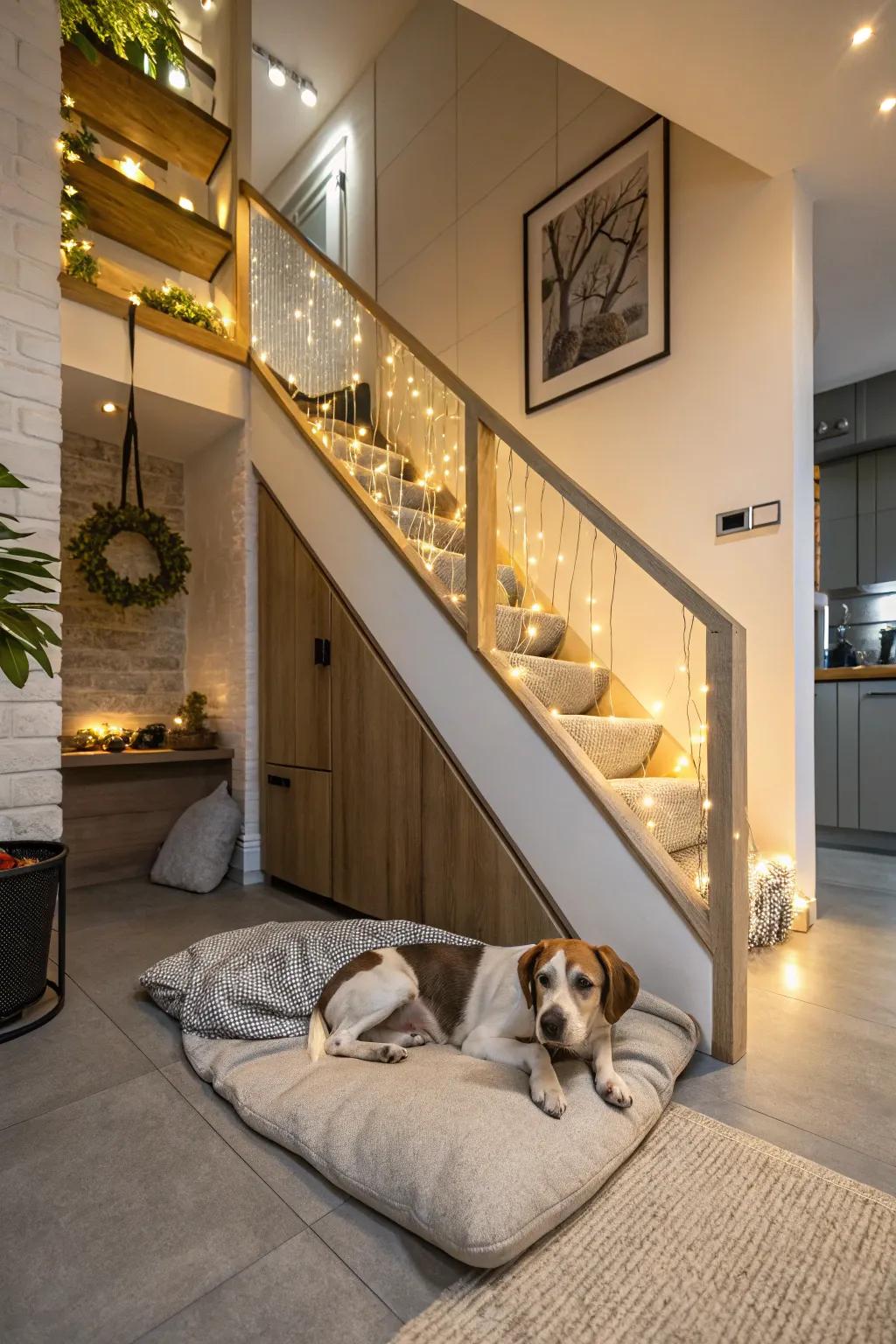 An area beneath the staircase transformed into a snug dog sanctuary, featuring gentle bedding and ambient illumination.
