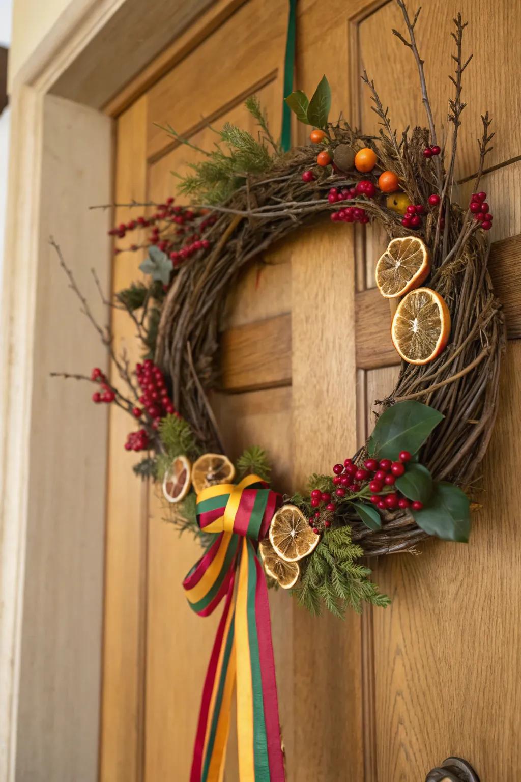 A rustic wreath offers a natural charm to your entryway.