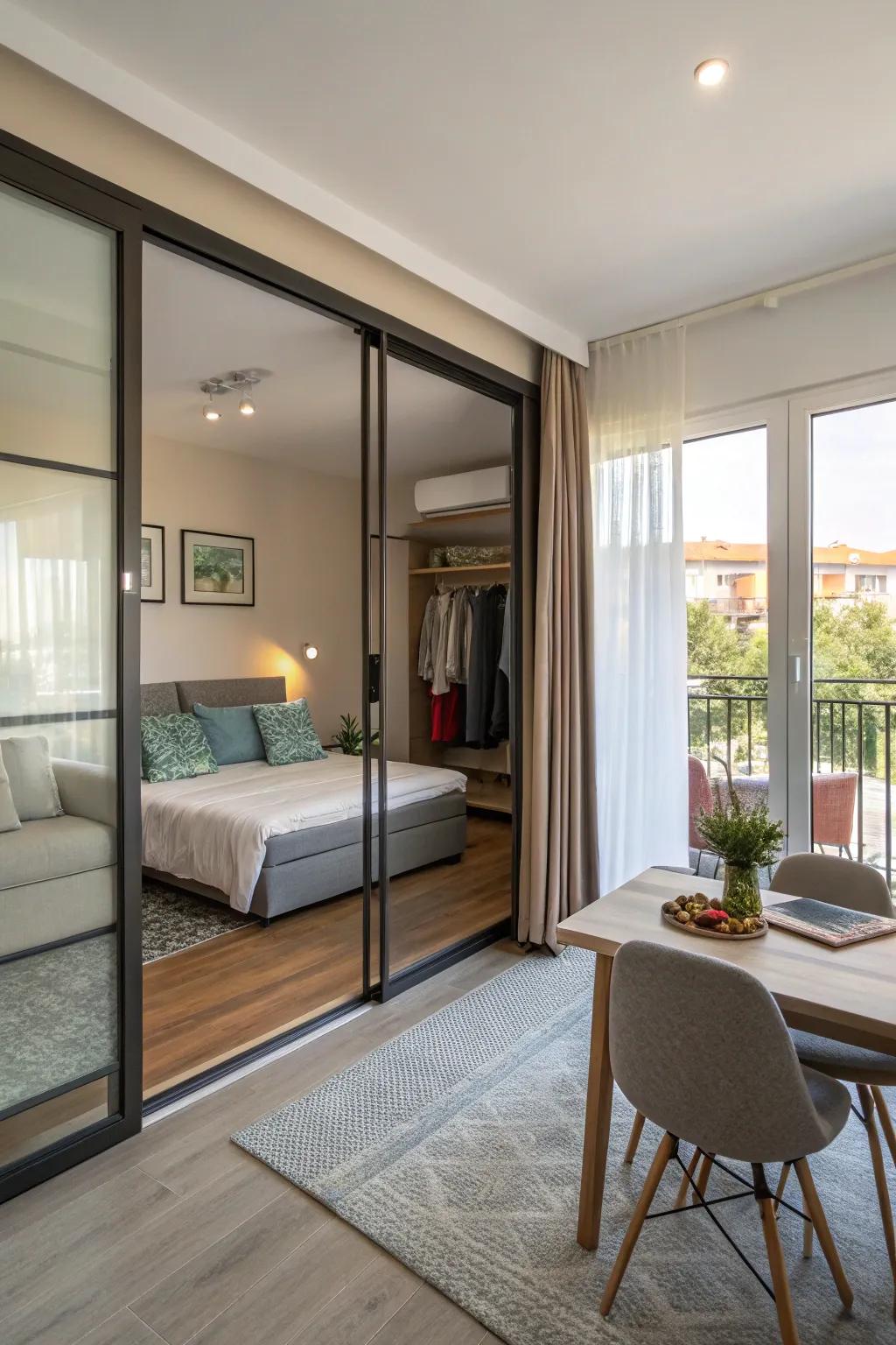 Glass panel sliding doors offer a stylish division between the sleeping and living spaces while keeping the area bright.