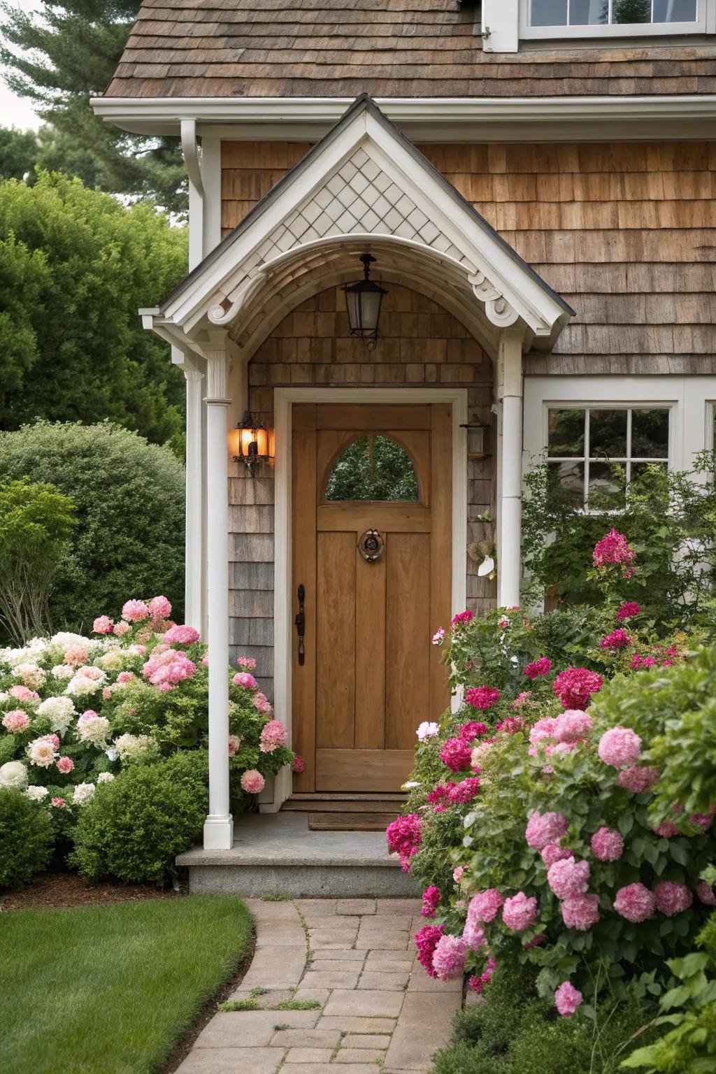 A front door under a traditional gable-style overhang, adorned with blossoming florals.