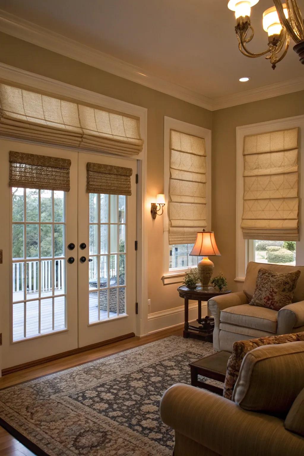 Roman shades present a traditional aesthetic while ensuring privacy for your door windows.