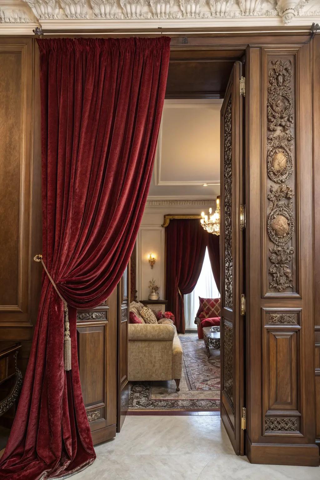 A luxurious velvet curtain elevates a living area's elegance.