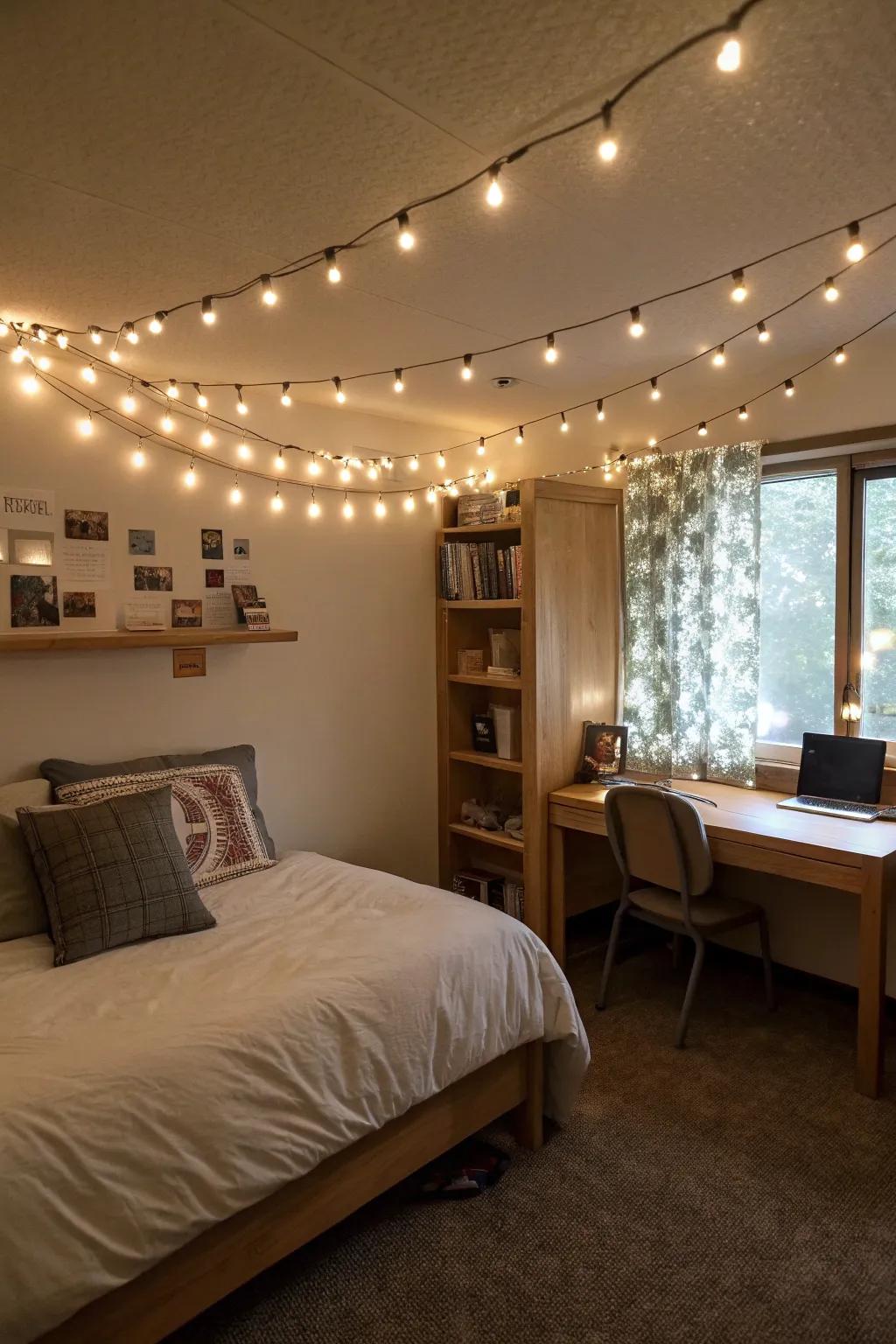 Fairy lights provide a gentle, captivating light, ideal for any dorm space.