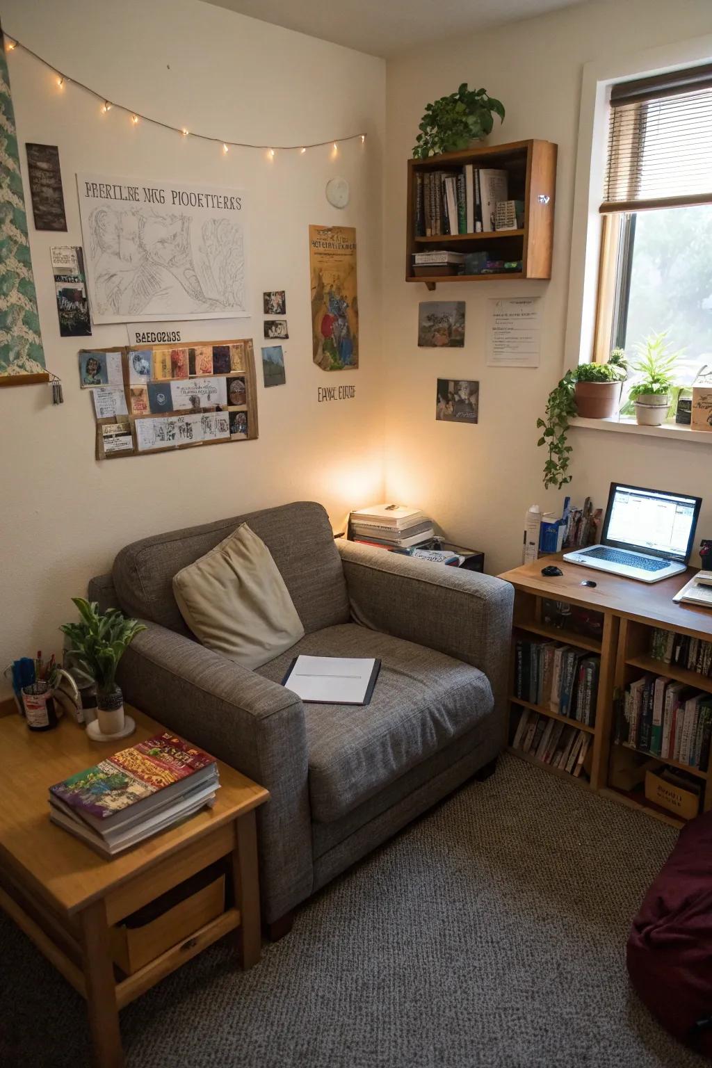 A space-saving loveseat ideally positioned in a cozy dorm room corner.