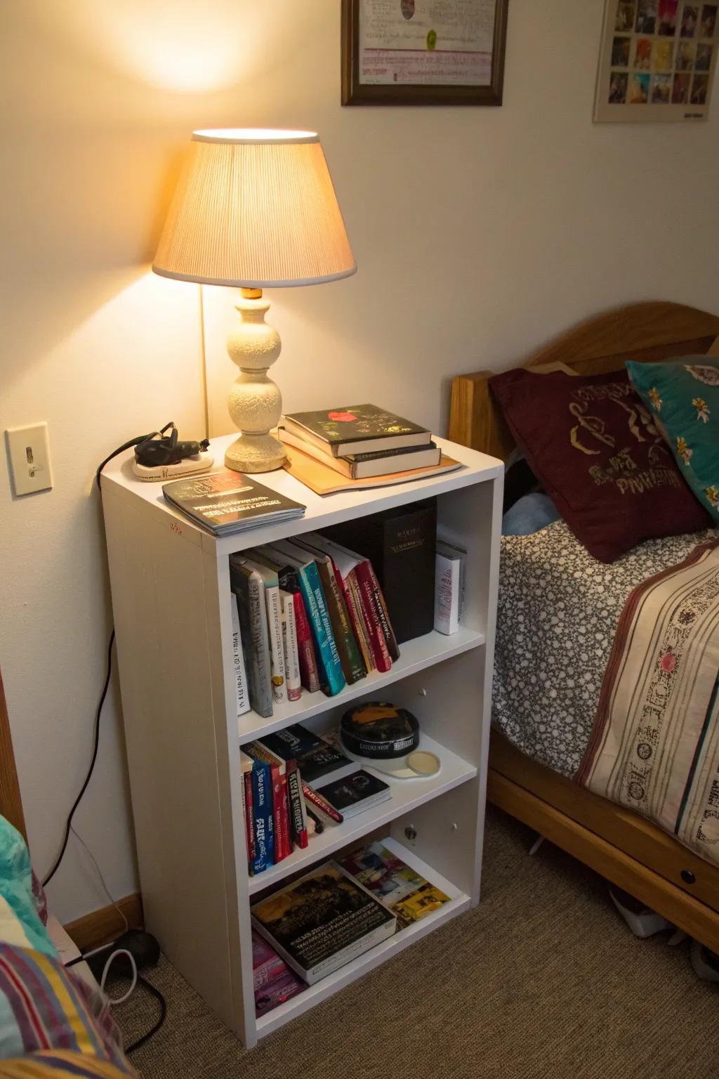 A compact shelving unit enhances a university residence room with style and storage.
