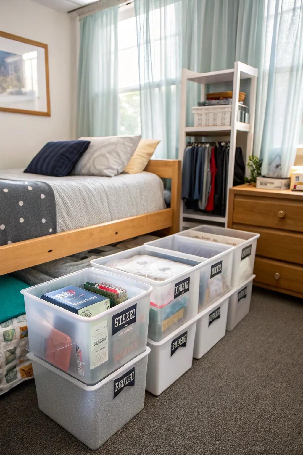 Exploit your dorm area with effective under-bed storage alternatives.