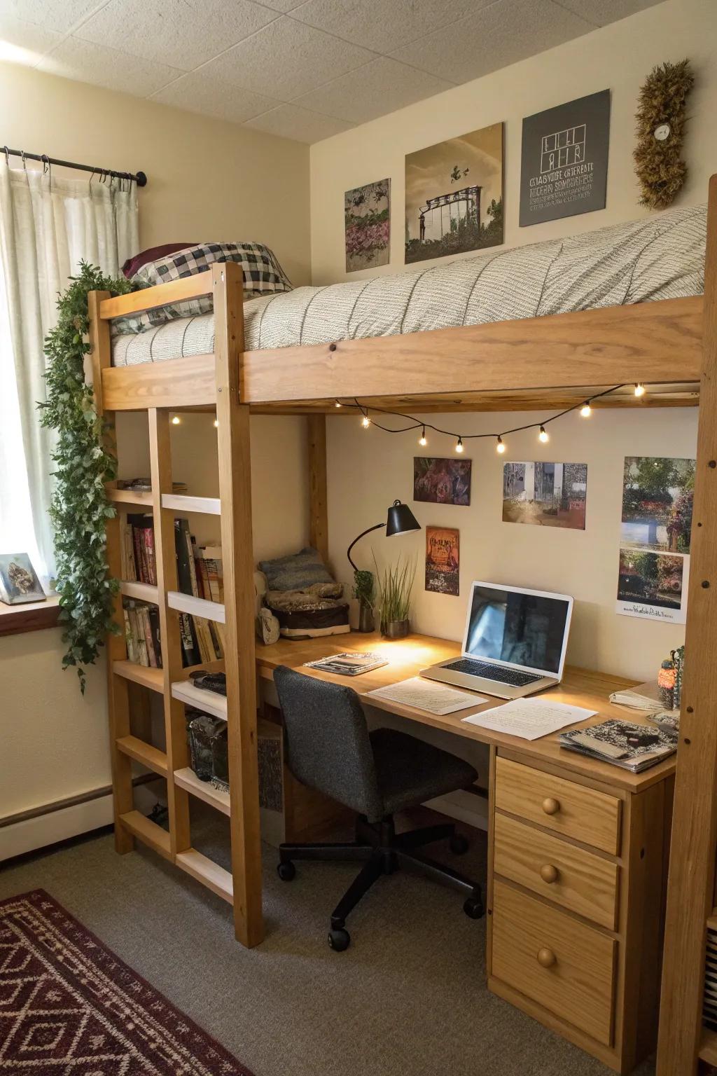 High beds create more space and make a dorm room more useful.