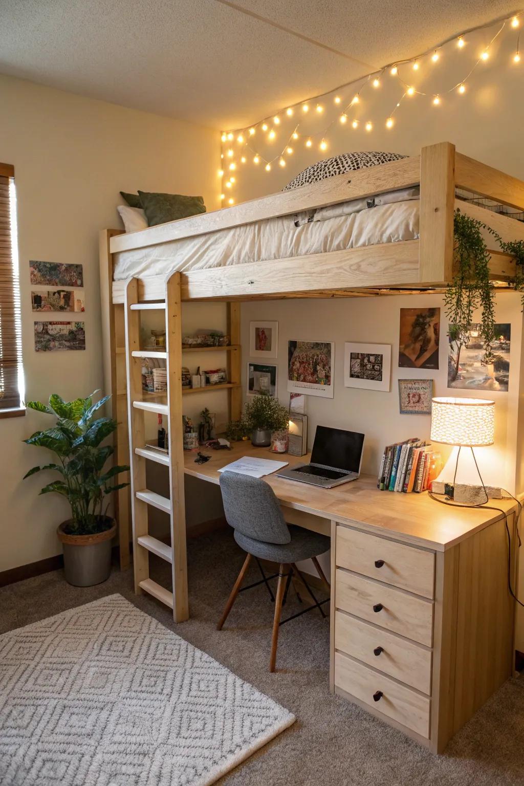 An elevated bed allows for a dedicated study area beneath, maximizing space.