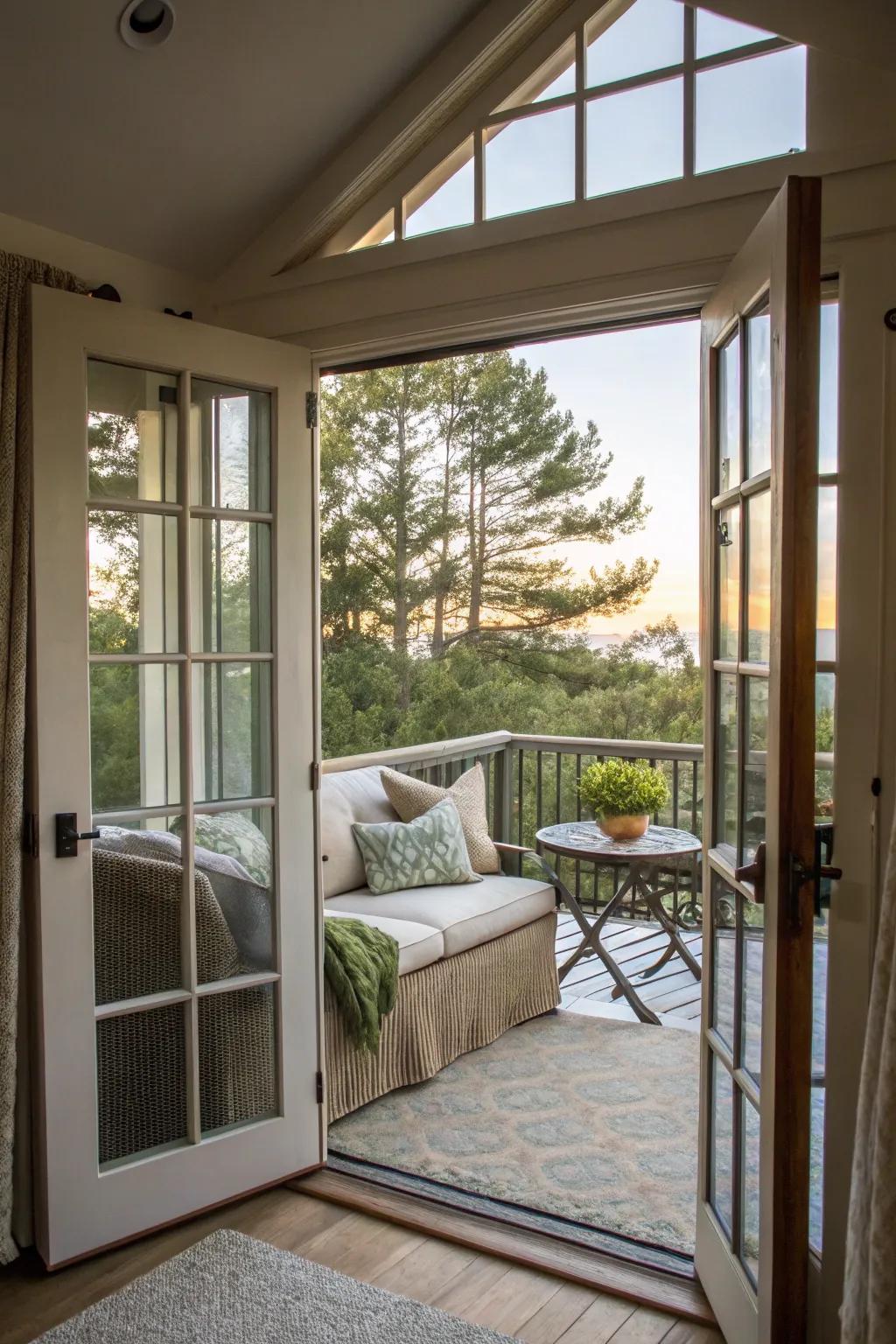 Glass doors seamlessly merge indoor and outdoor environments.