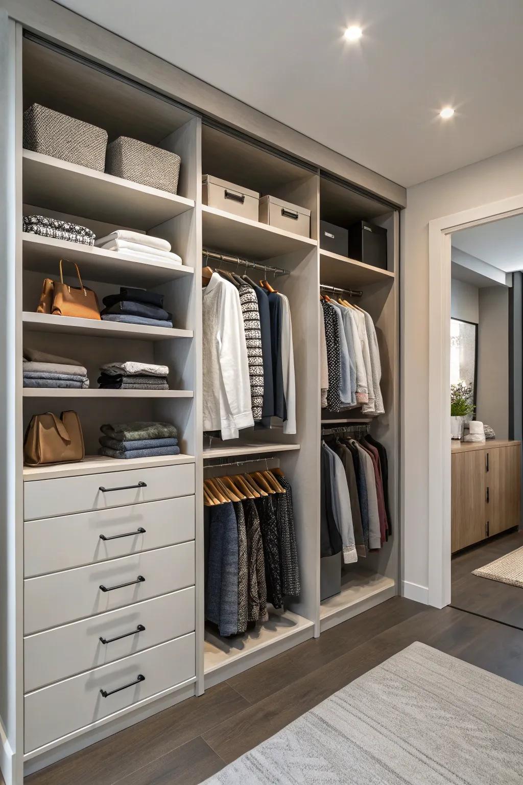 A double closet showcases a harmonious balance of open shelves and hanging space, designed for peak organization.