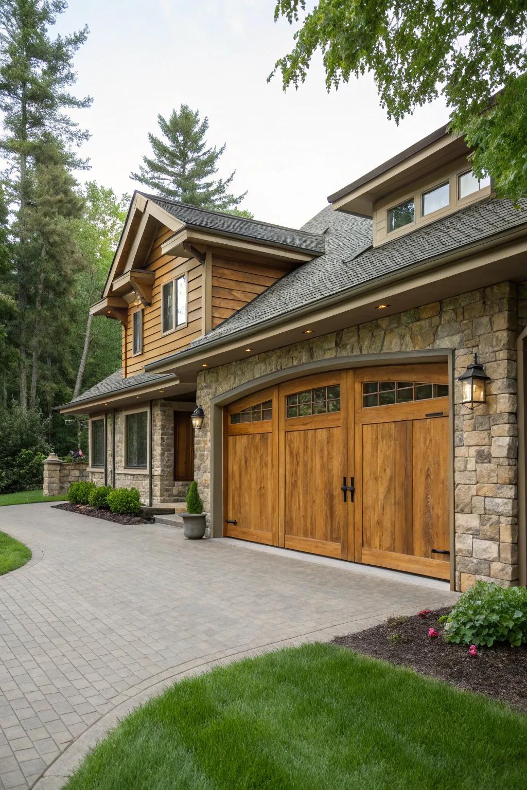 Wood garage doors offer a cozy, inviting charm.