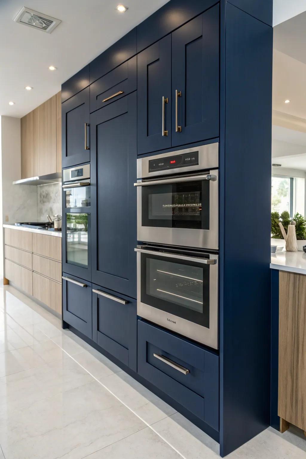 A striking vertical tandem oven cabinet in a sophisticated navy tone, enriching the space with depth and elegance.