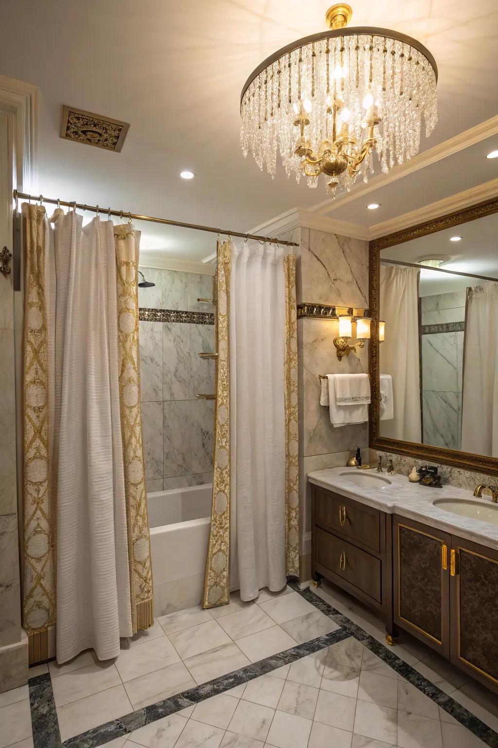 Double shower curtains, combined with luxurious details, craft a spa-inspired ambiance.