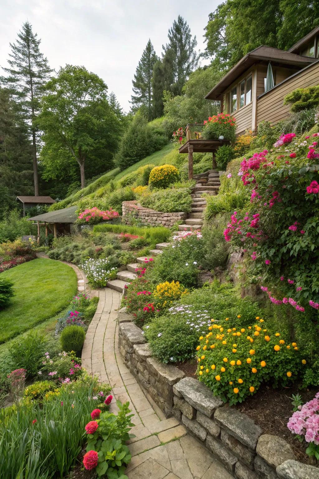 Tiered gardens bestow both structure and appeal to your sloping backyard.