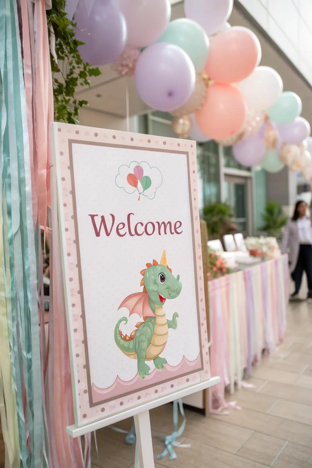 A delightful dragon-themed welcome sign greets the guests.