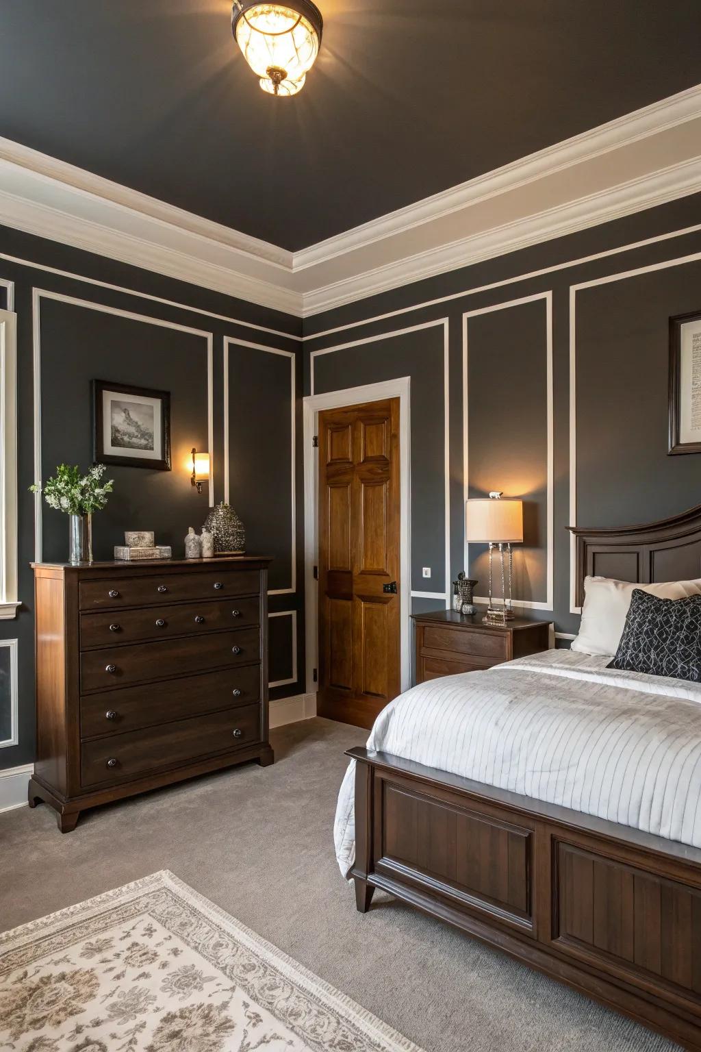 Deep charcoal walls establish a sophisticated mood within this striking bedroom.
