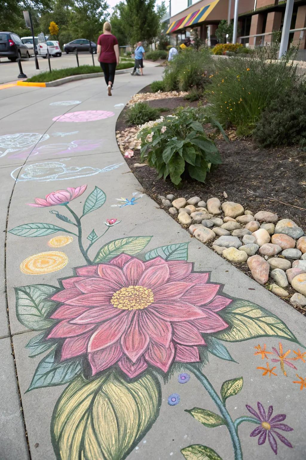 An elaborate chalk floral pattern adds a touch of elegance to a garden path.