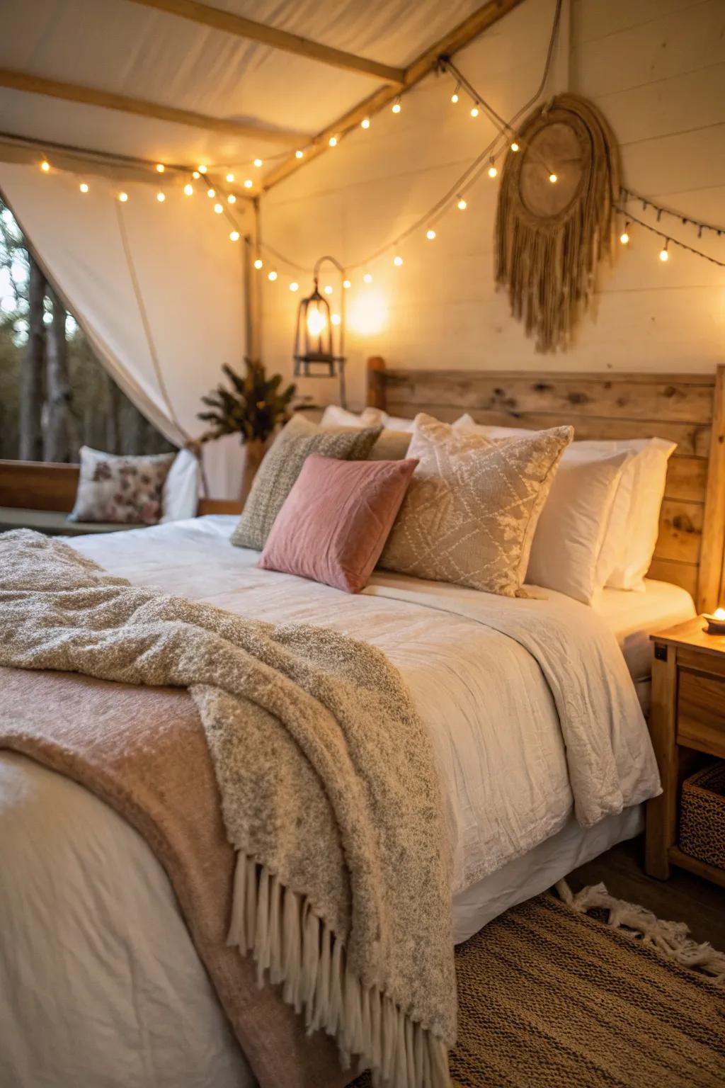 A cozy bedroom with plush pillows and a soft throw, creating an inviting atmosphere.