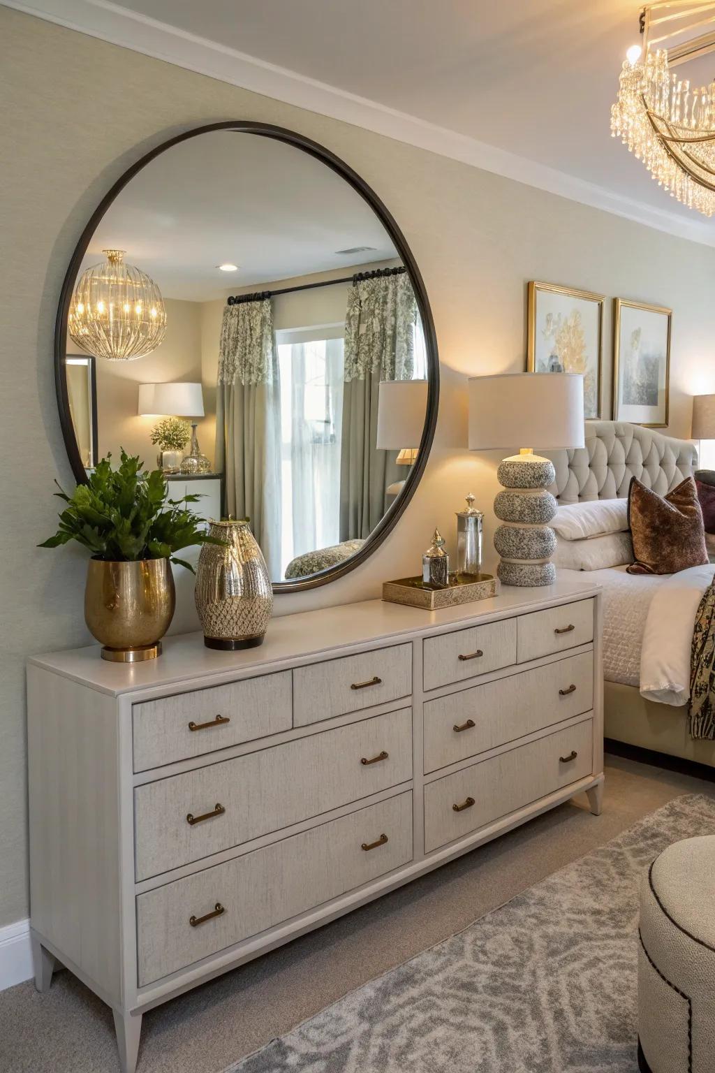 A dresser elevated by a round mirror, adding both dimension and illumination.