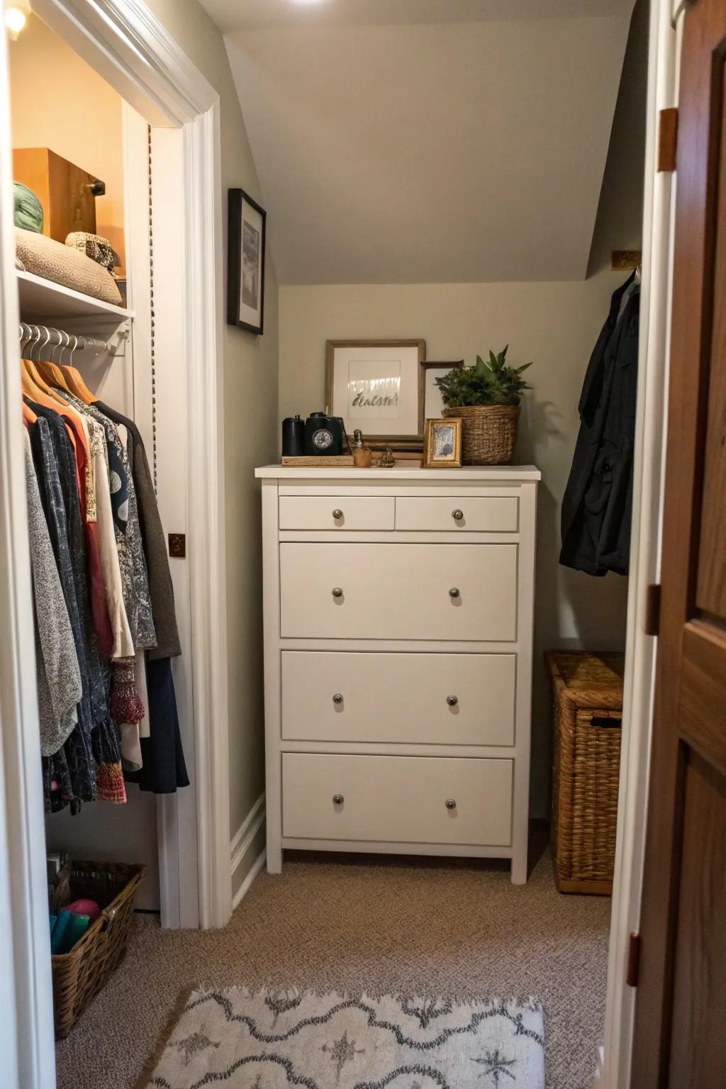 A small-scale dresser carefully arranged in a bedroom corner, providing ample storage with a minimal footprint.