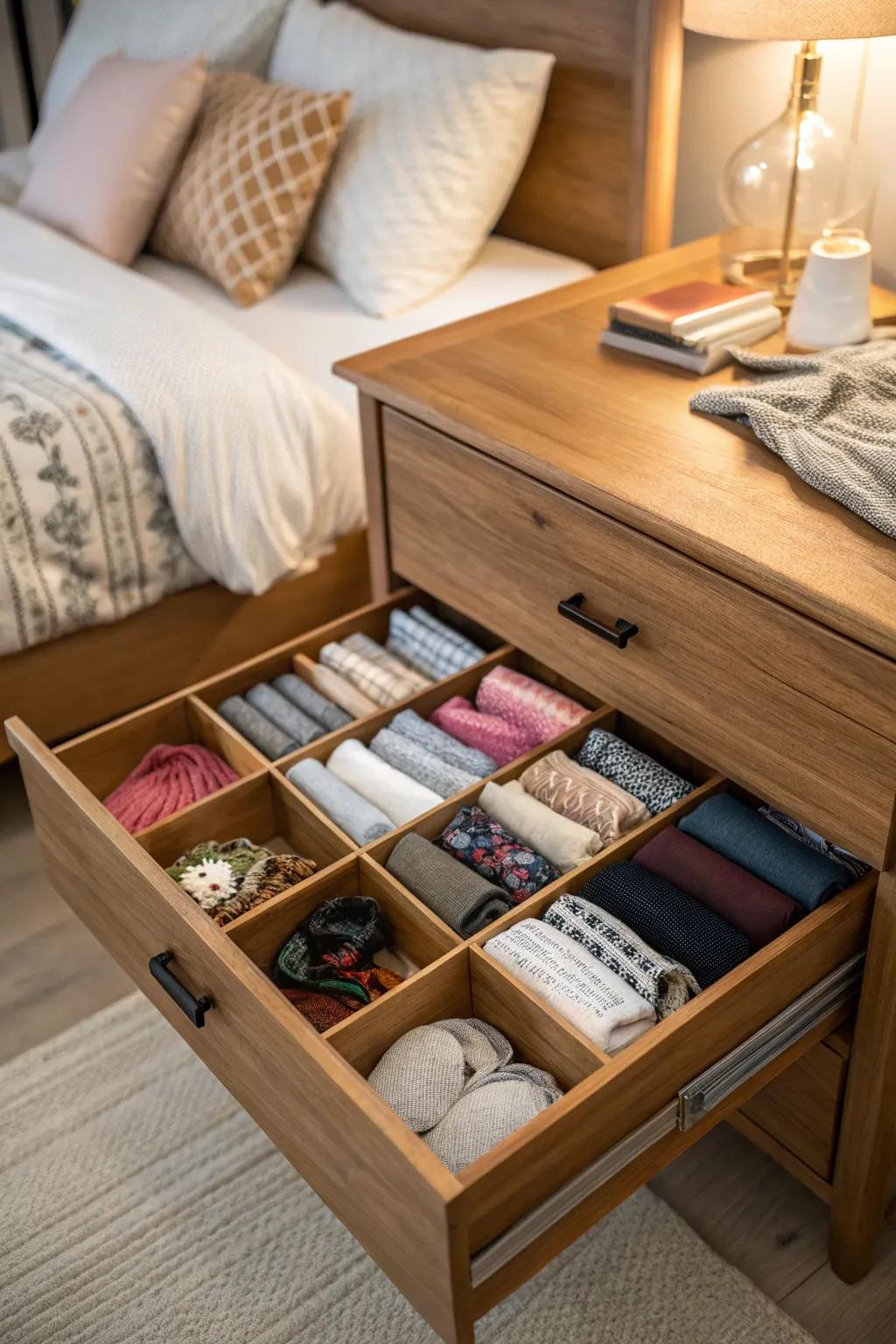 Socks and accessories neatly arranged with drawer dividers.