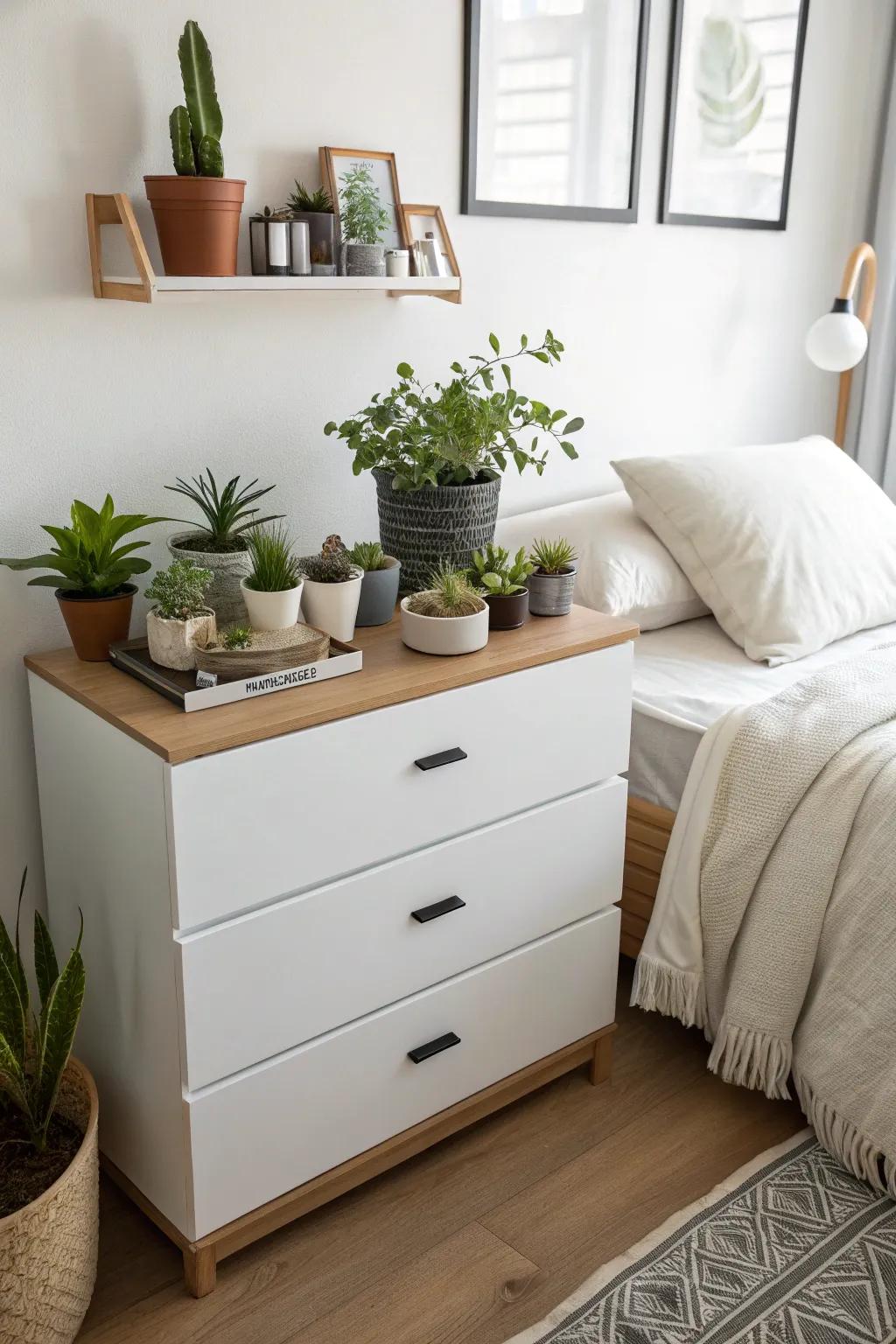 A curated collection of greenery fashions a natural escape atop your dresser.