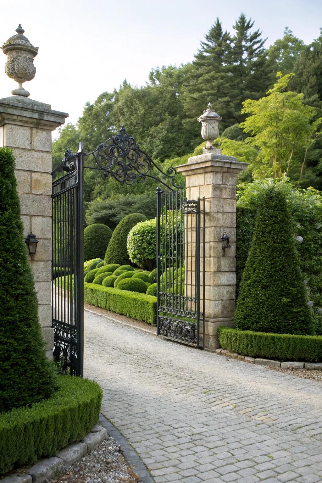 An ageless wrought iron gate fashions an elegant and fortified entrance.