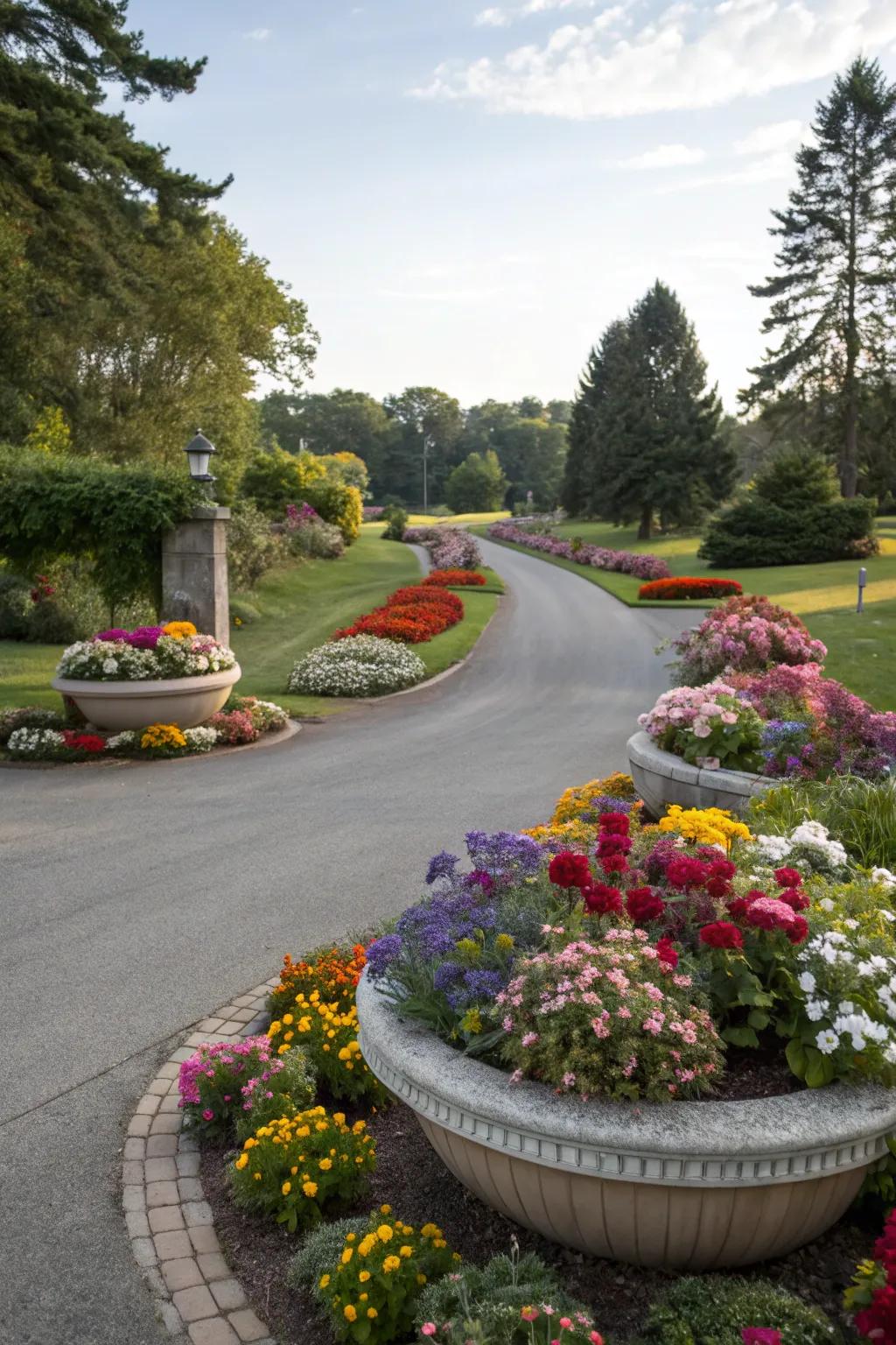 Round gardens introduce a splash of color and allure to your driveway’s welcome.