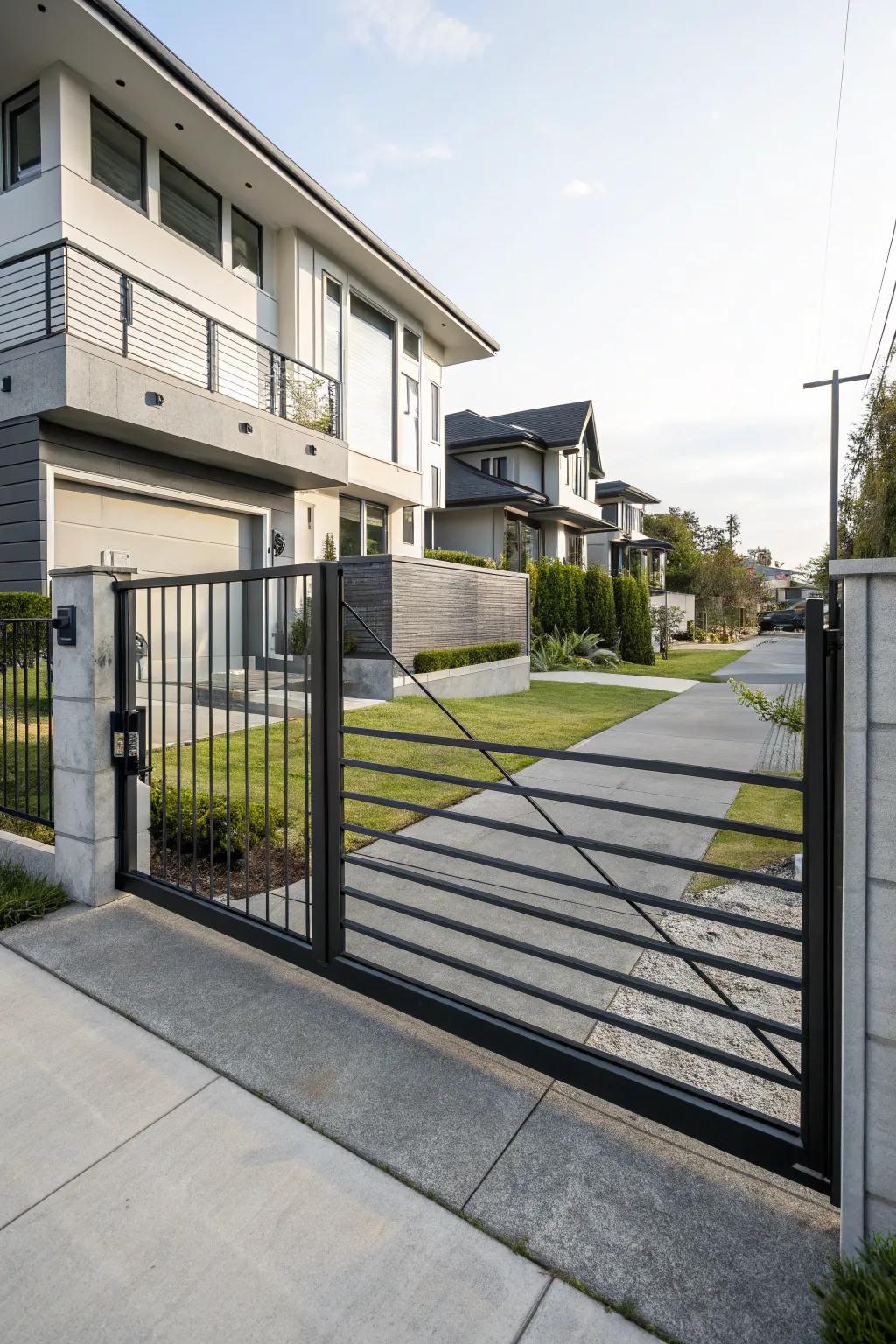 A sleek metal gate enriches the contemporary charm of this urban residence.