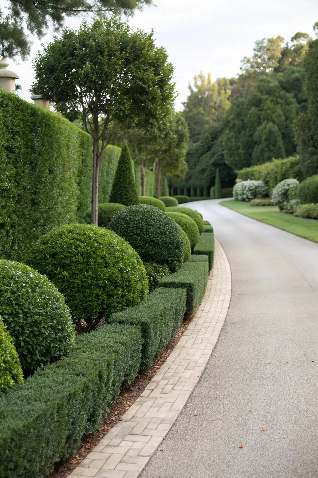 A driveway graced with the timeless elegance of boxwood hedges.