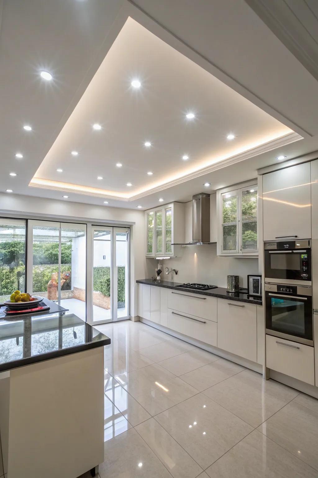 Sunken illumination fashions an uncluttered look in any culinary space.