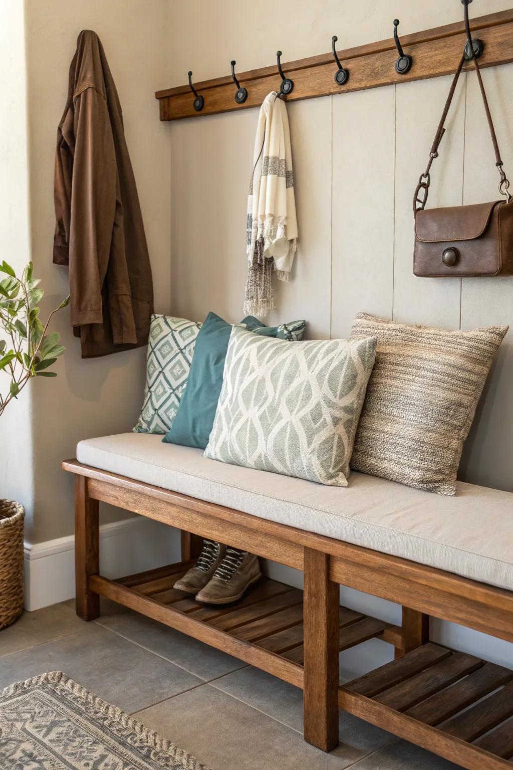 A cushioned bench makes a cozy landing spot.