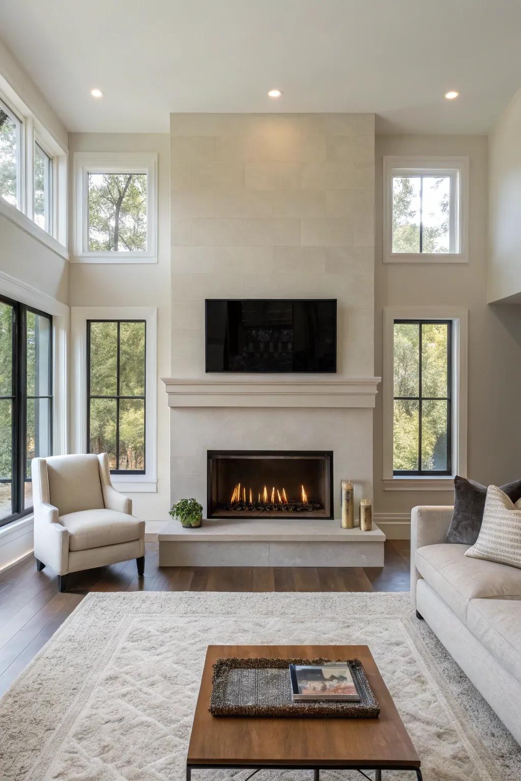 A minimalist sheetrock fireplace embodying refined elegance.