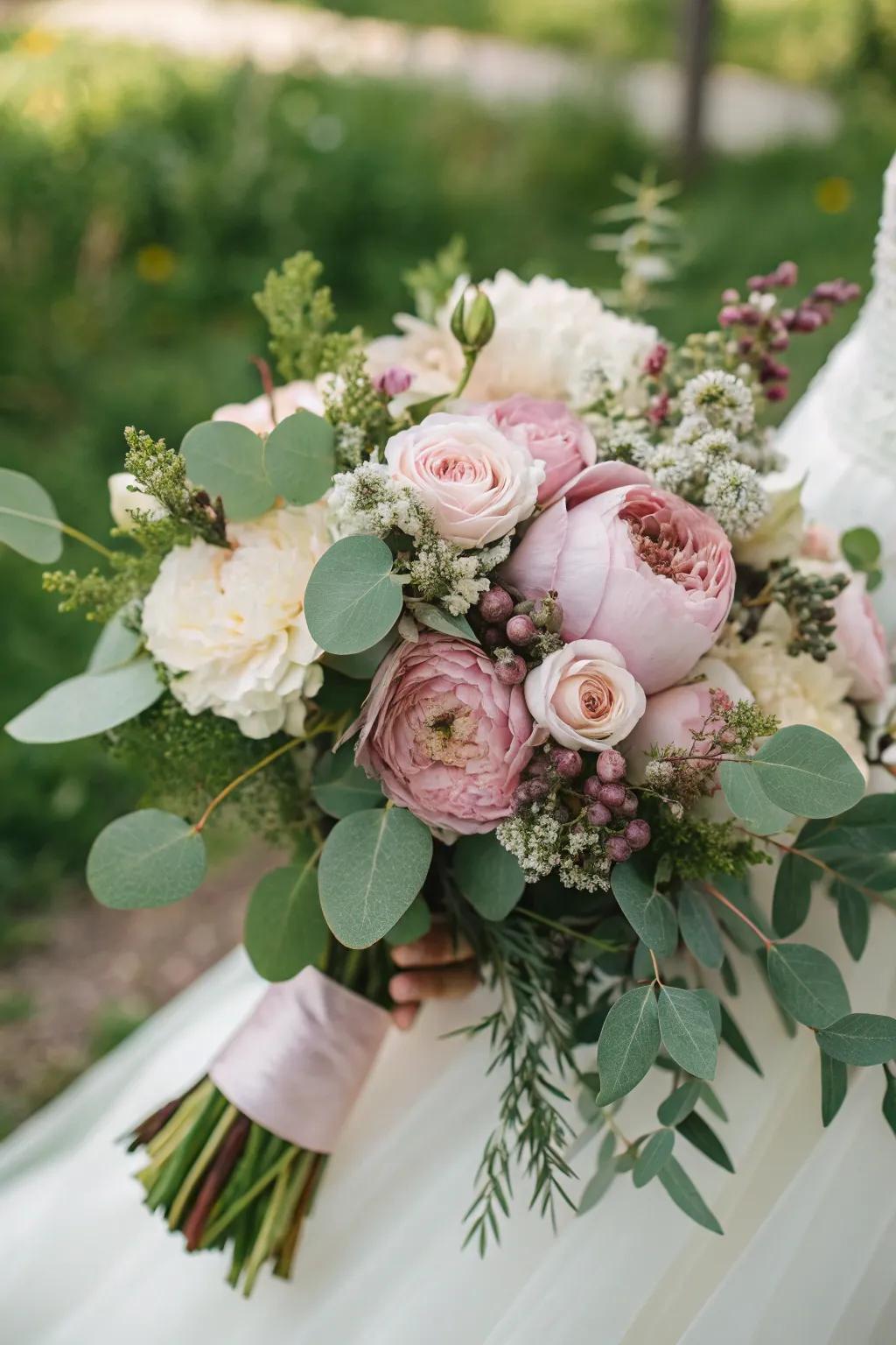 A breathtaking soft blush arrangement with lush greenery.